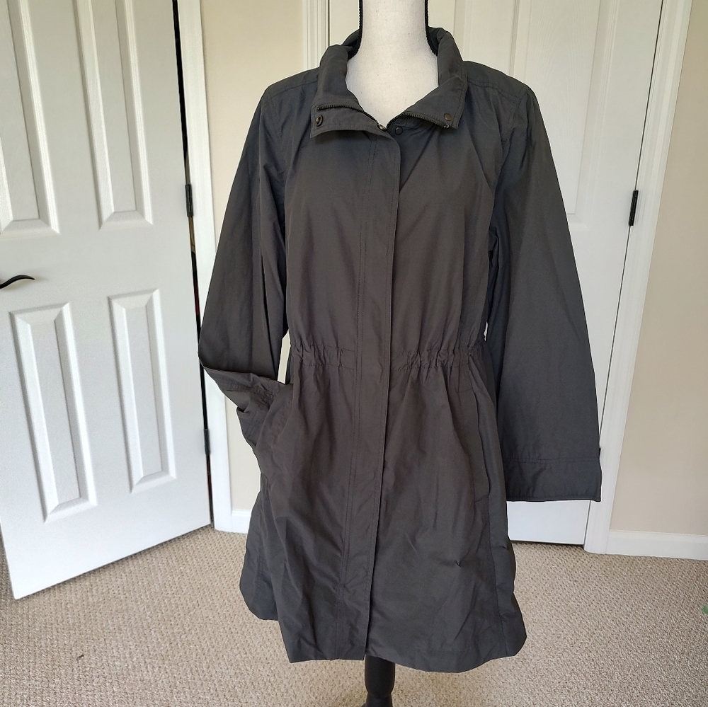 Eileen Fisher Cotton Nylon Gray Brown Raincoat Jack Adjustable Waist Snap Zip XL
